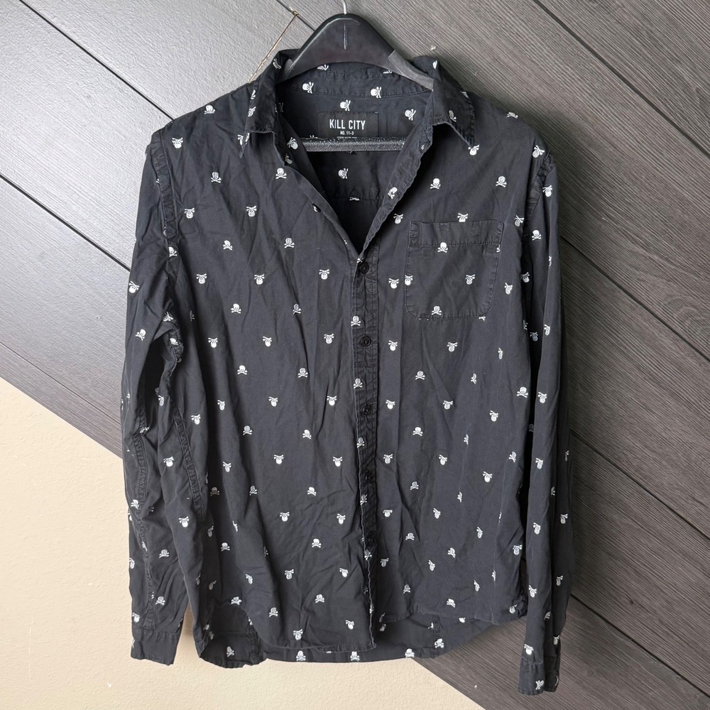 Kill City Men's Skull Print Button Up Shirt Black Cotton Long Sleeve Large Goth